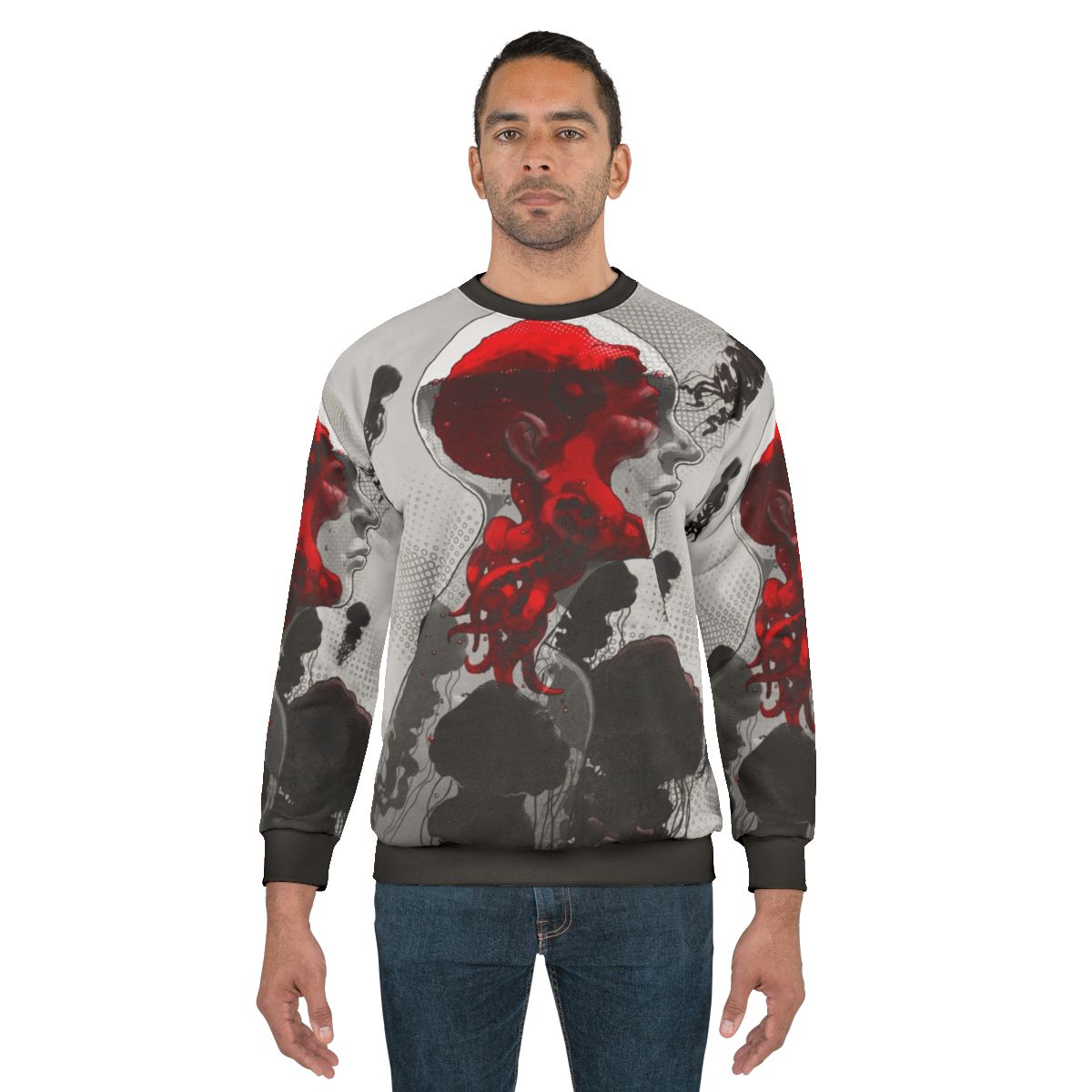 Sweatshirt featuring a surreal, illustrated design with aquatic monsters and psychedelic swirls