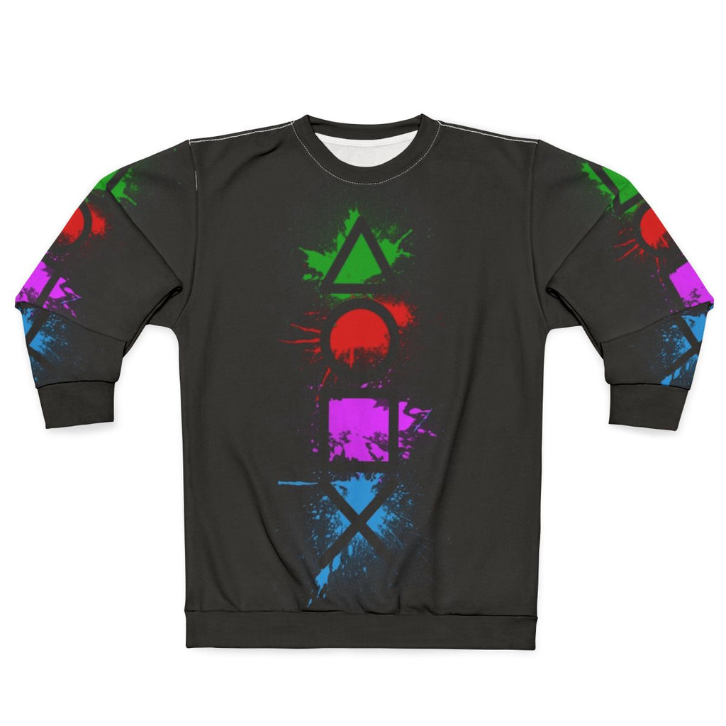 Playstation controller buttons splatter design on a cozy sweatshirt