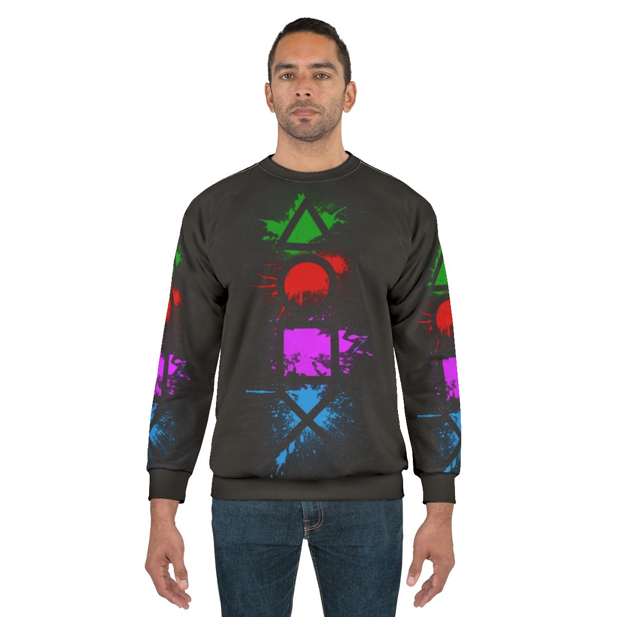 Playstation controller buttons splatter design on a cozy sweatshirt