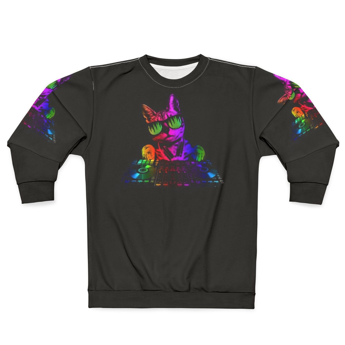 Neon cat DJ sweatshirt for music lovers