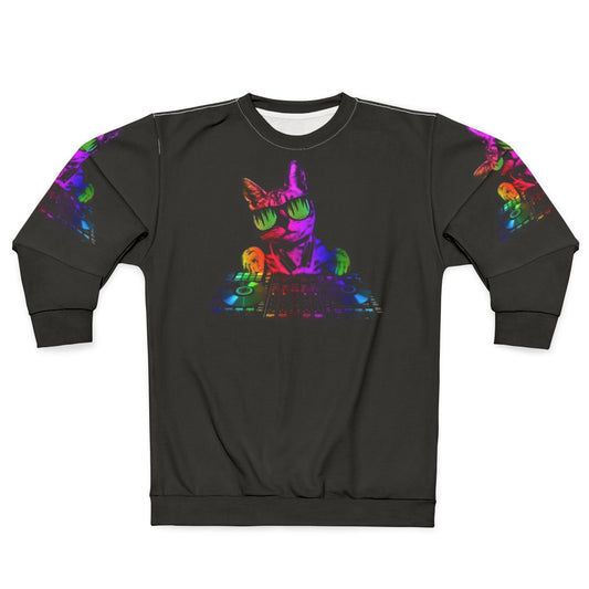 Neon cat DJ sweatshirt for music lovers