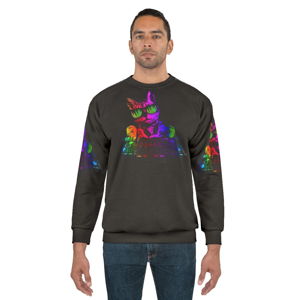 Neon cat DJ sweatshirt for music lovers