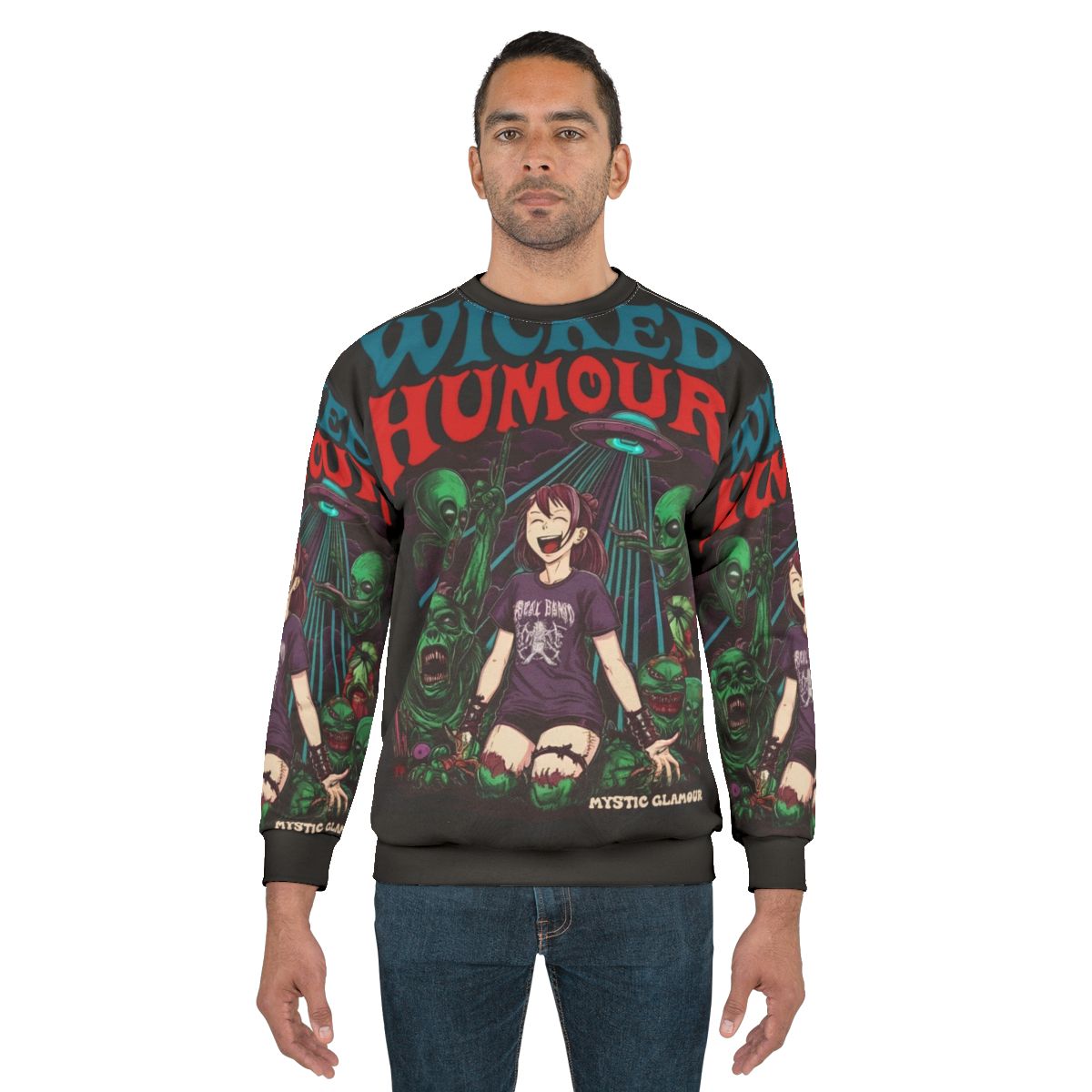 Cosmic Laughter Psychedelic Sweatshirt with Anime Horror Design