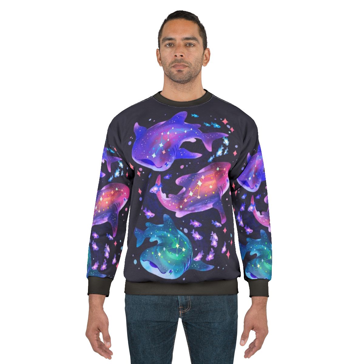 Cosmic whale shark graphic printed on a purple sweatshirt