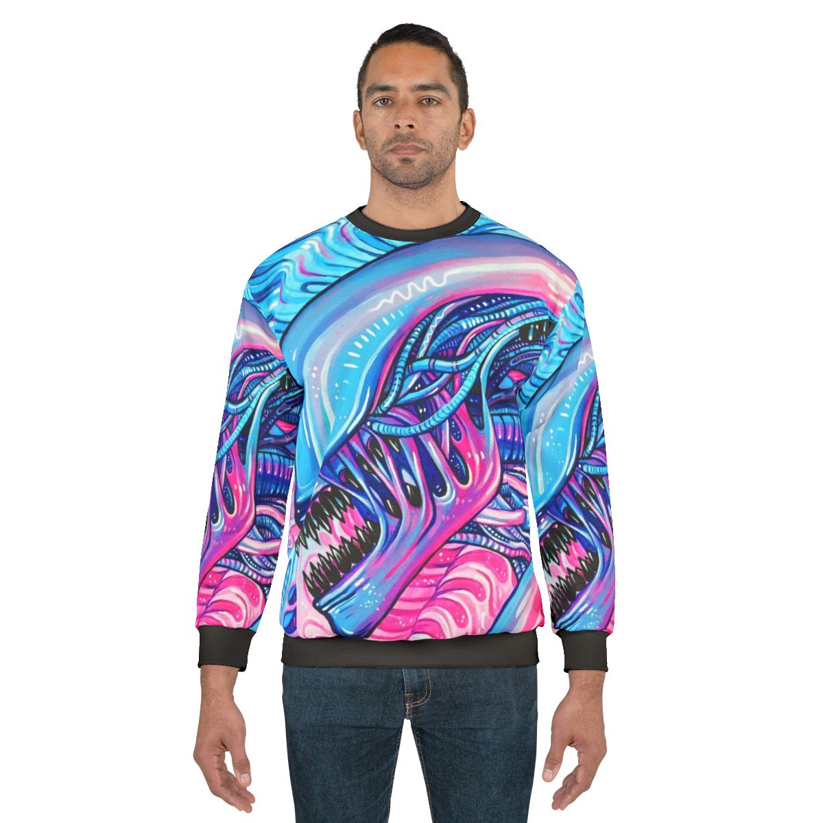 Colorful cotton candy alien acrylic painting design on a sweatshirt