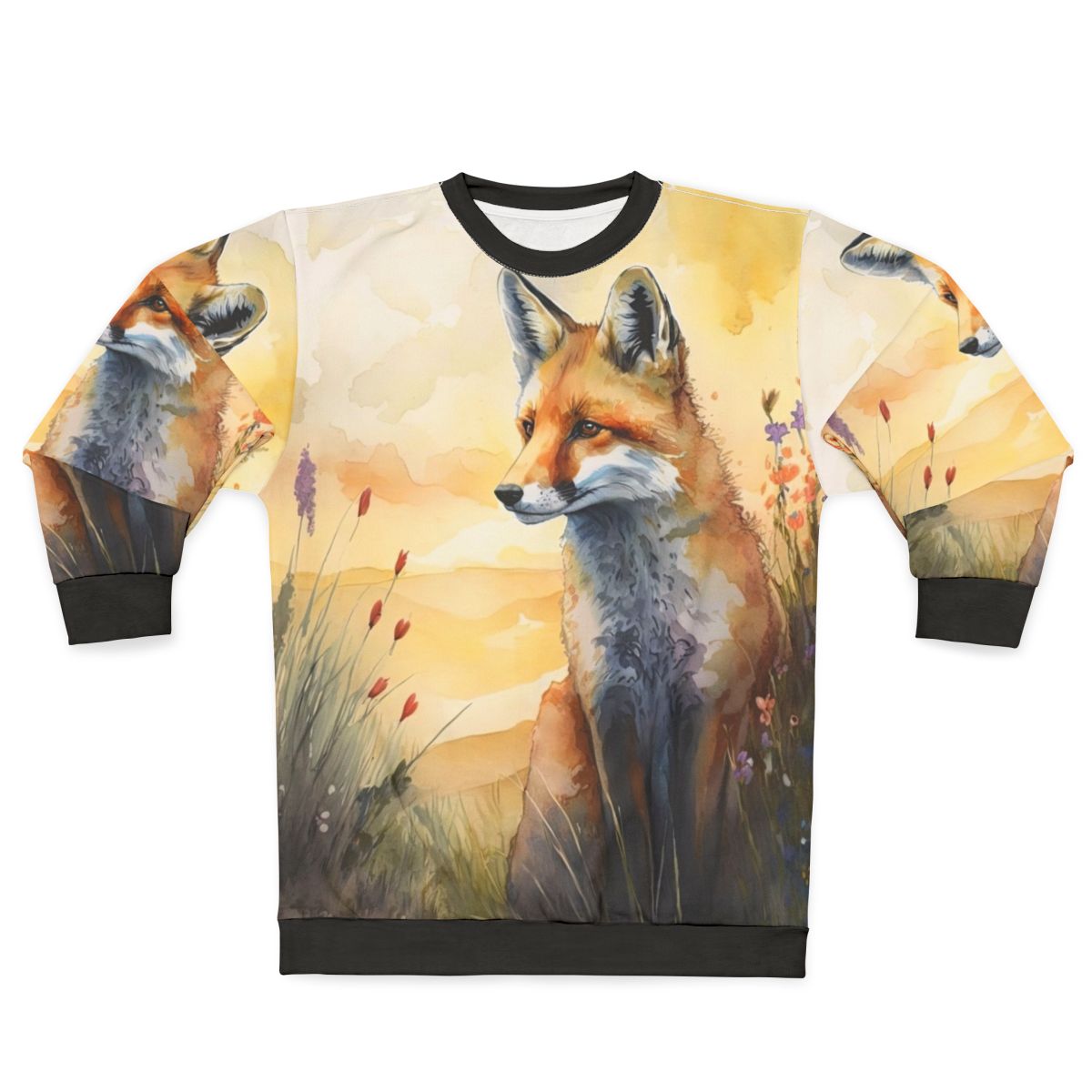 Charming red fox sweatshirt featuring a watercolor illustration of a red fox cub in a spring woodland setting