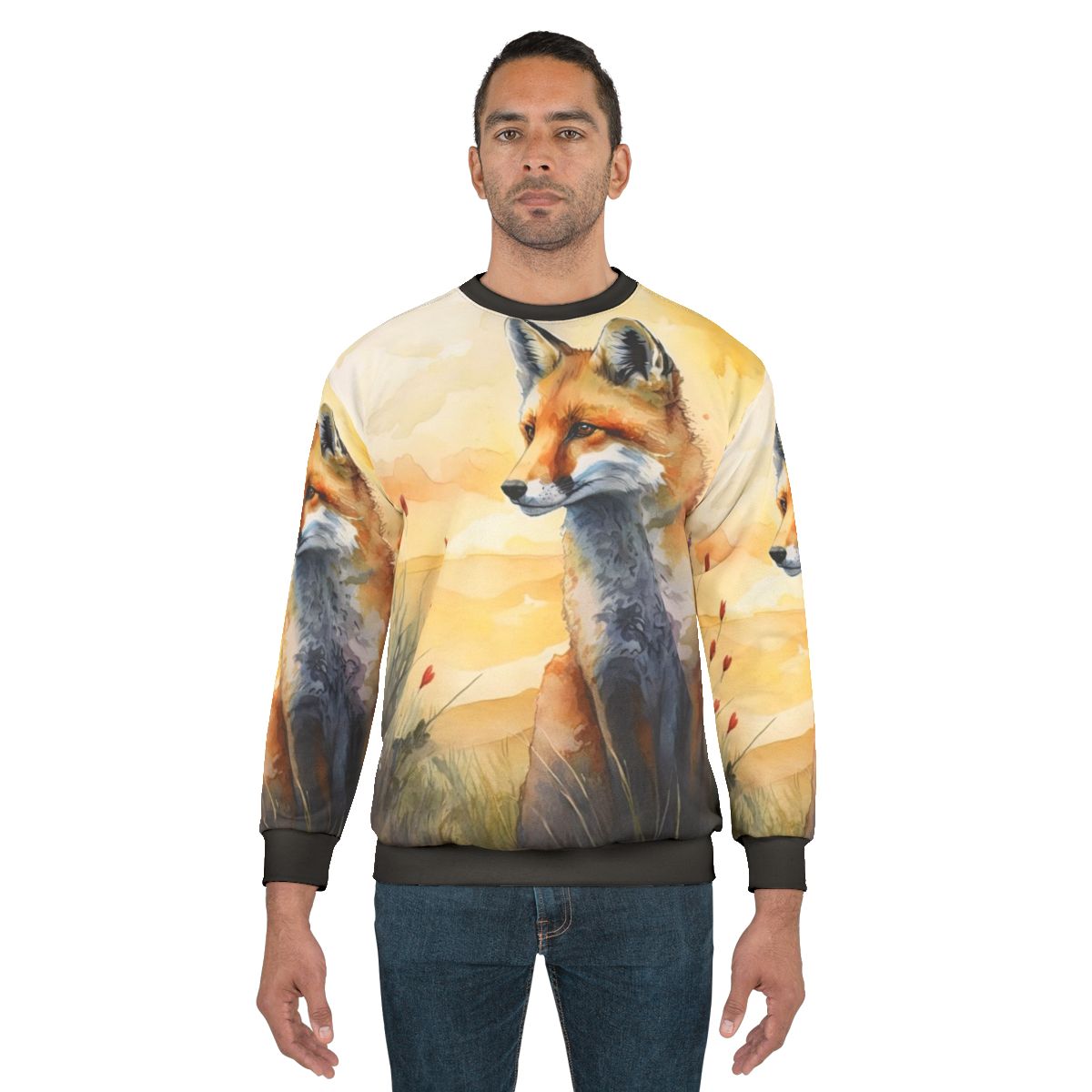 Charming red fox sweatshirt featuring a watercolor illustration of a red fox cub in a spring woodland setting
