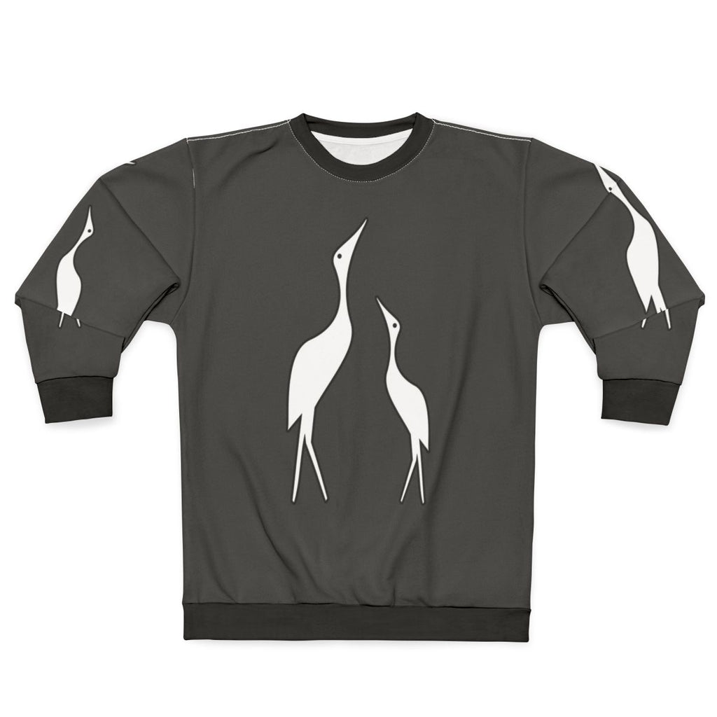 Colorful abstract sweatshirt design featuring a crane, a legendary animal, in a nature setting