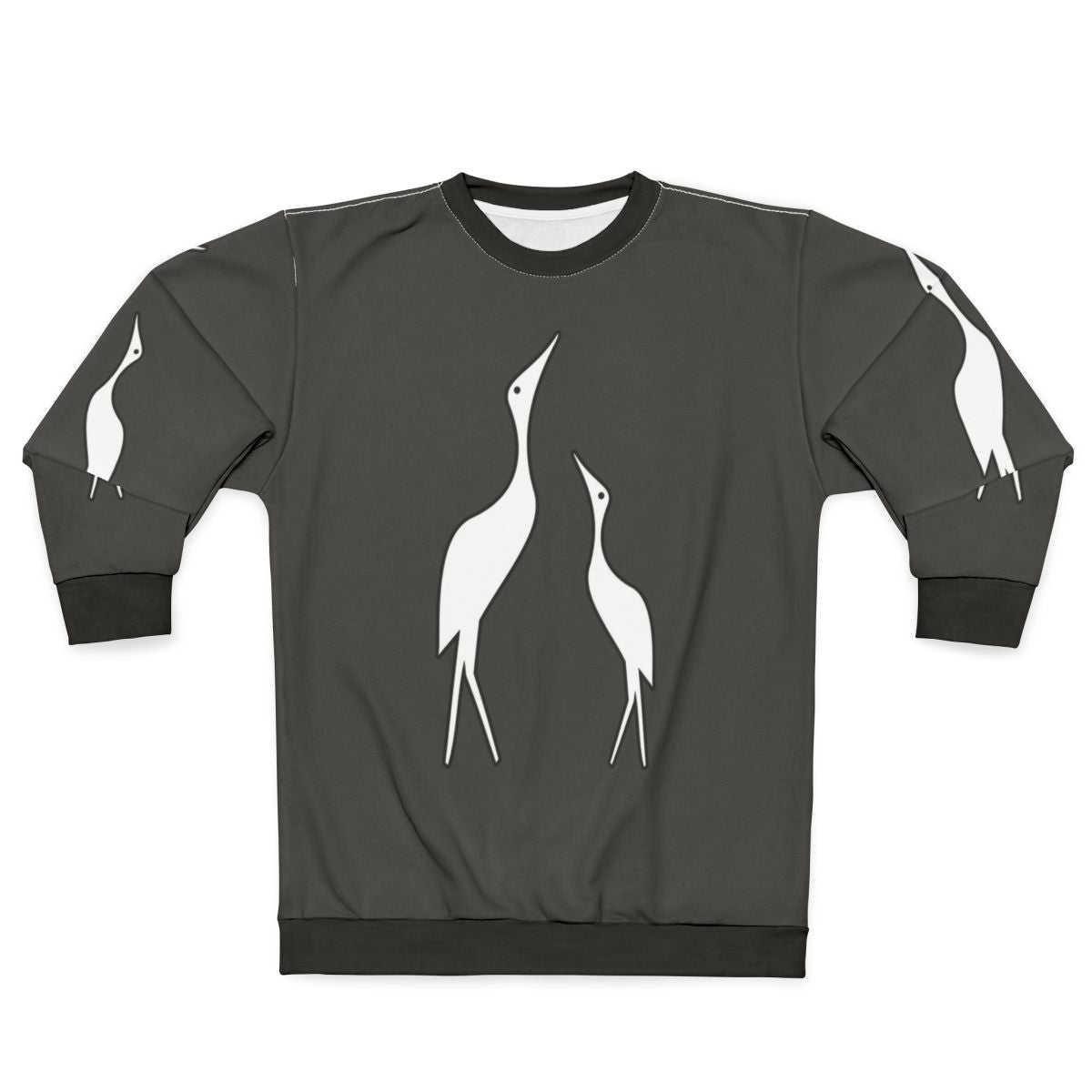 Colorful abstract sweatshirt design featuring a crane, a legendary animal, in a nature setting