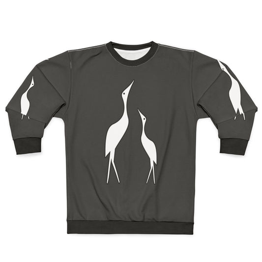Colorful abstract sweatshirt design featuring a crane, a legendary animal, in a nature setting