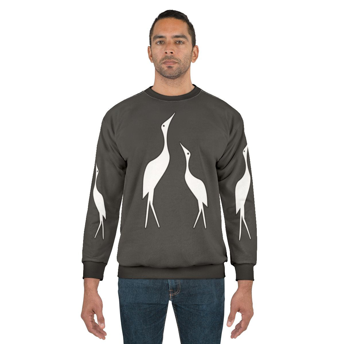 Colorful abstract sweatshirt design featuring a crane, a legendary animal, in a nature setting