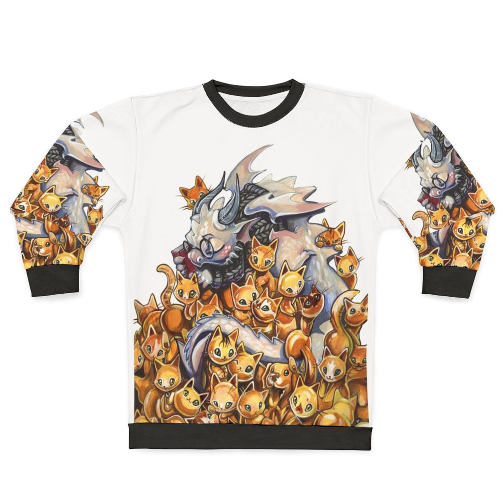 Crazy cat dragon hoarding golden kittens on a cozy sweatshirt