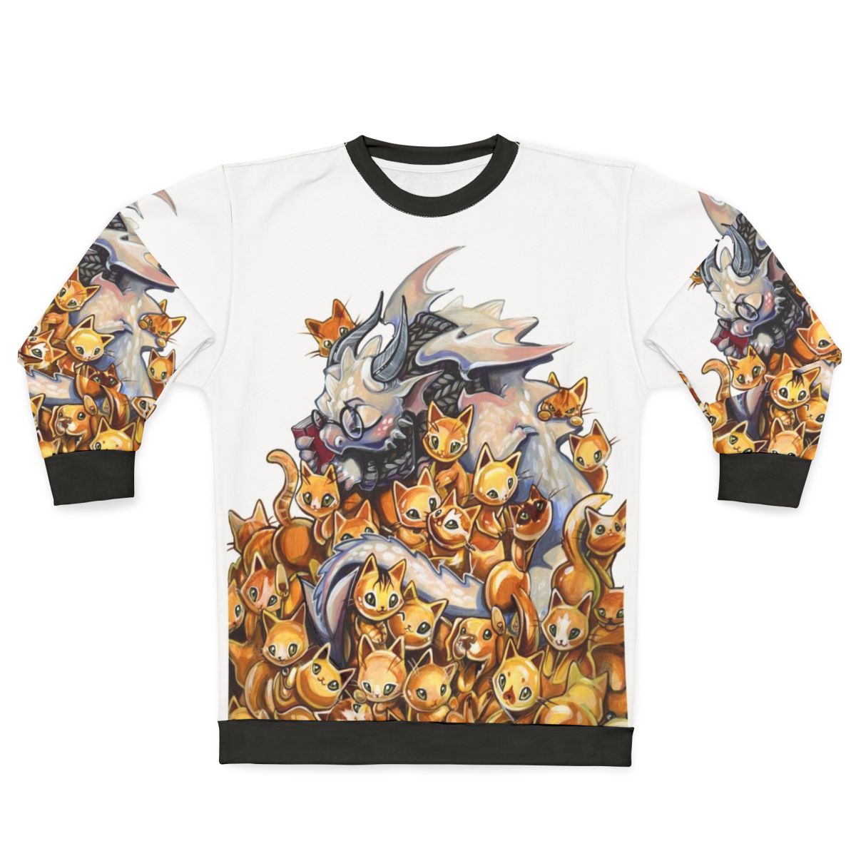 Crazy cat dragon hoarding golden kittens on a cozy sweatshirt