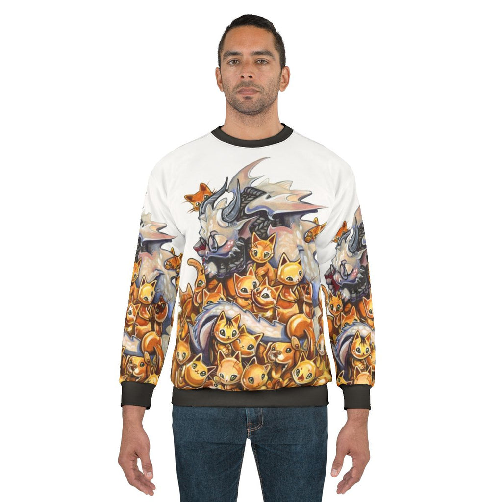 Crazy cat dragon hoarding golden kittens on a cozy sweatshirt