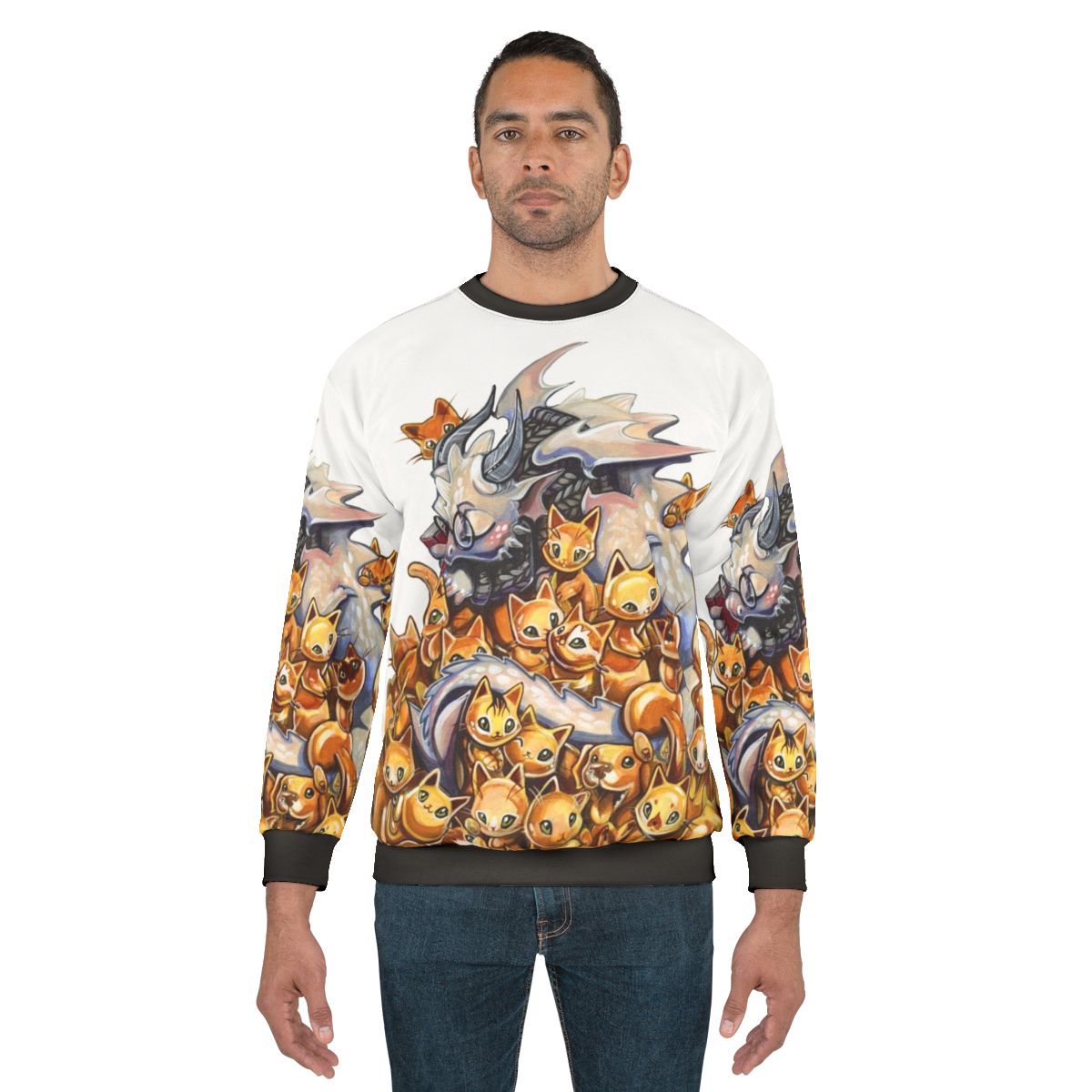Crazy cat dragon hoarding golden kittens on a cozy sweatshirt