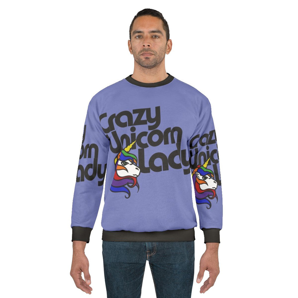 Crazy unicorn lady sweatshirt featuring a vibrant, colorful unicorn design