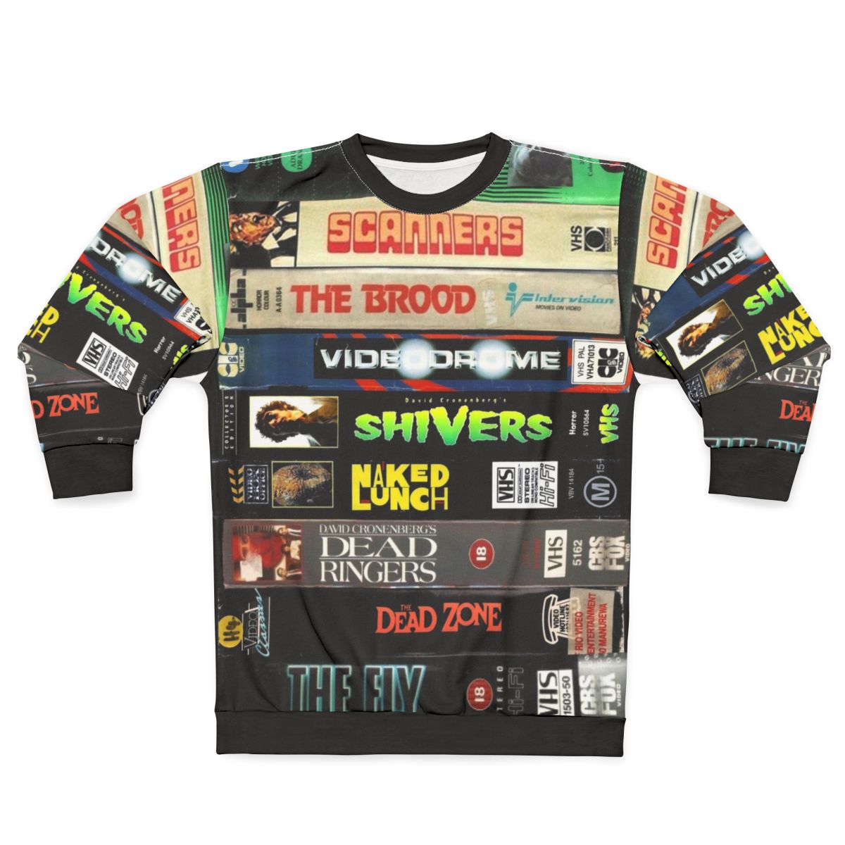 Cronenberg VHS Collection Sweatshirt featuring iconic horror and sci-fi movie designs