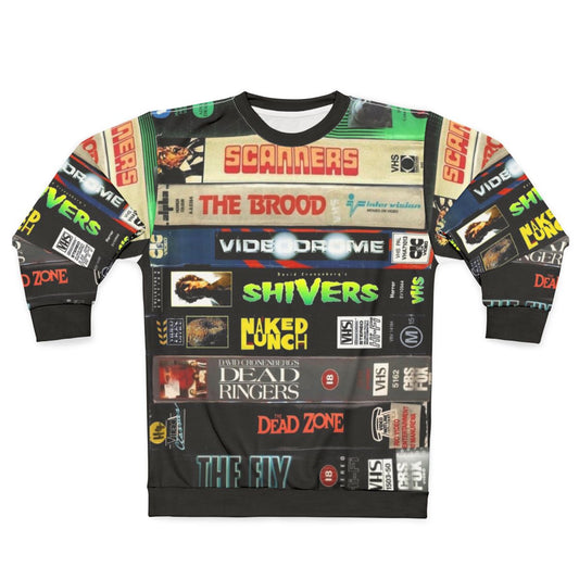 Cronenberg VHS Collection Sweatshirt featuring iconic horror and sci-fi movie designs