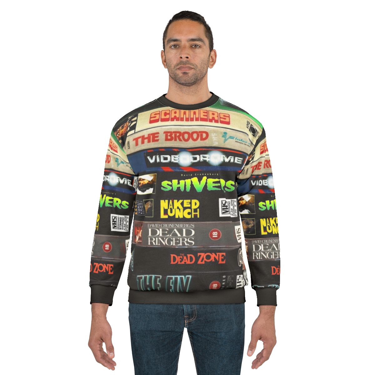 Cronenberg VHS Collection Sweatshirt featuring iconic horror and sci-fi movie designs
