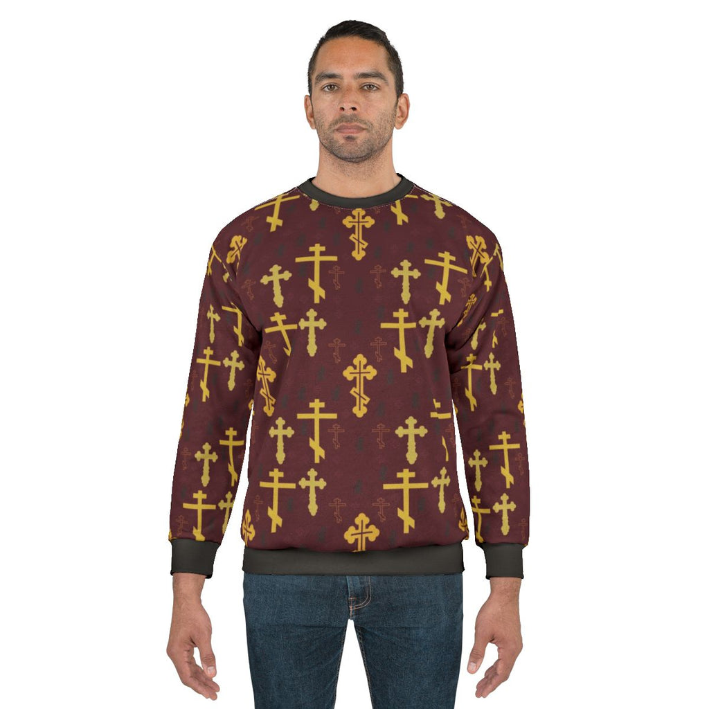 Cross pattern sweatshirt with mosaic design