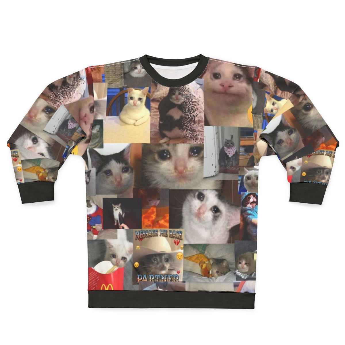 Crying cat meme printed on a cozy sweatshirt