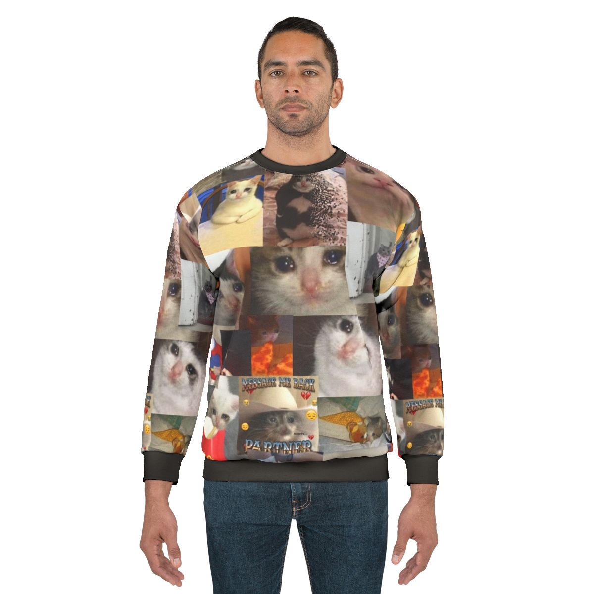Crying cat meme printed on a cozy sweatshirt