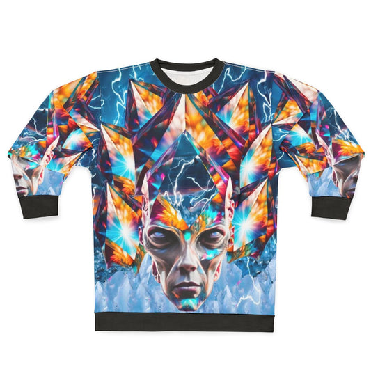 Crystal Time Machine Sweatshirt with Colorful Sci-Fi Graphics