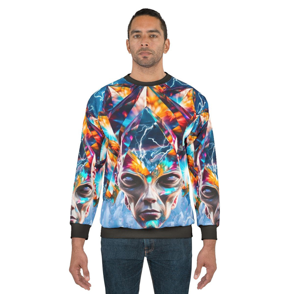 Crystal Time Machine Sweatshirt with Colorful Sci-Fi Graphics