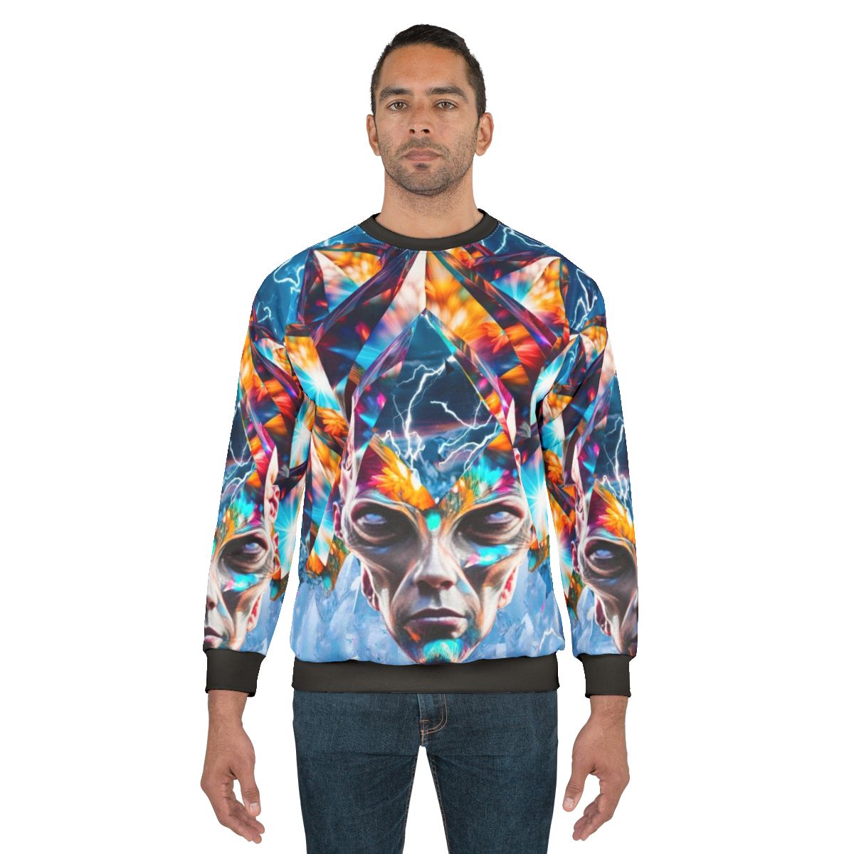 Crystal Time Machine Sweatshirt with Colorful Sci-Fi Graphics