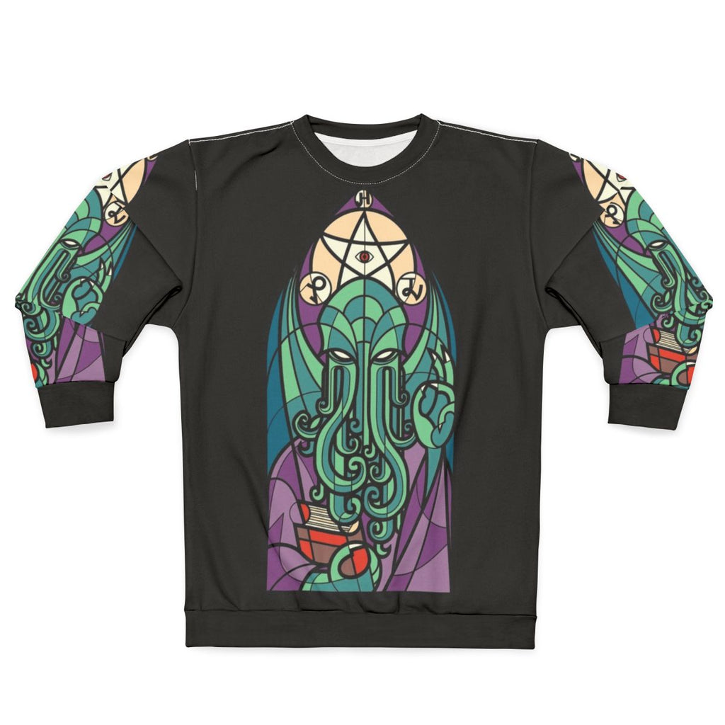 Cthulhu sweatshirt with stained glass cosmic horror design
