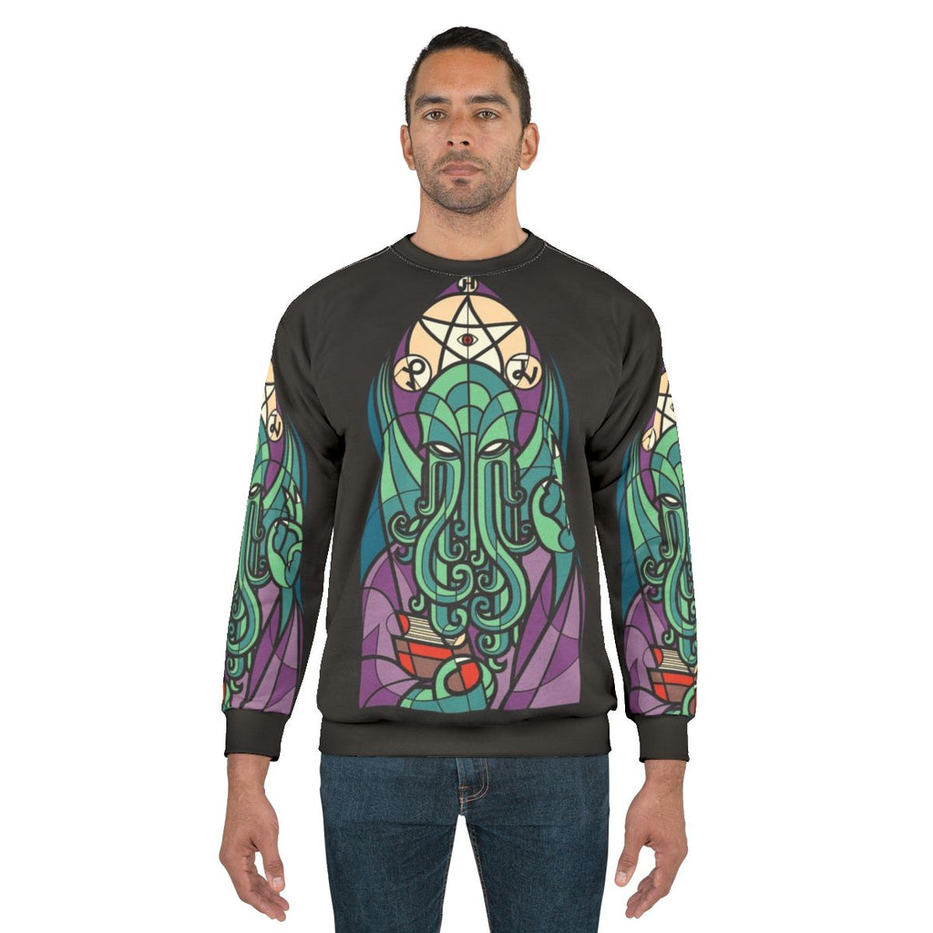 Cthulhu sweatshirt with stained glass cosmic horror design
