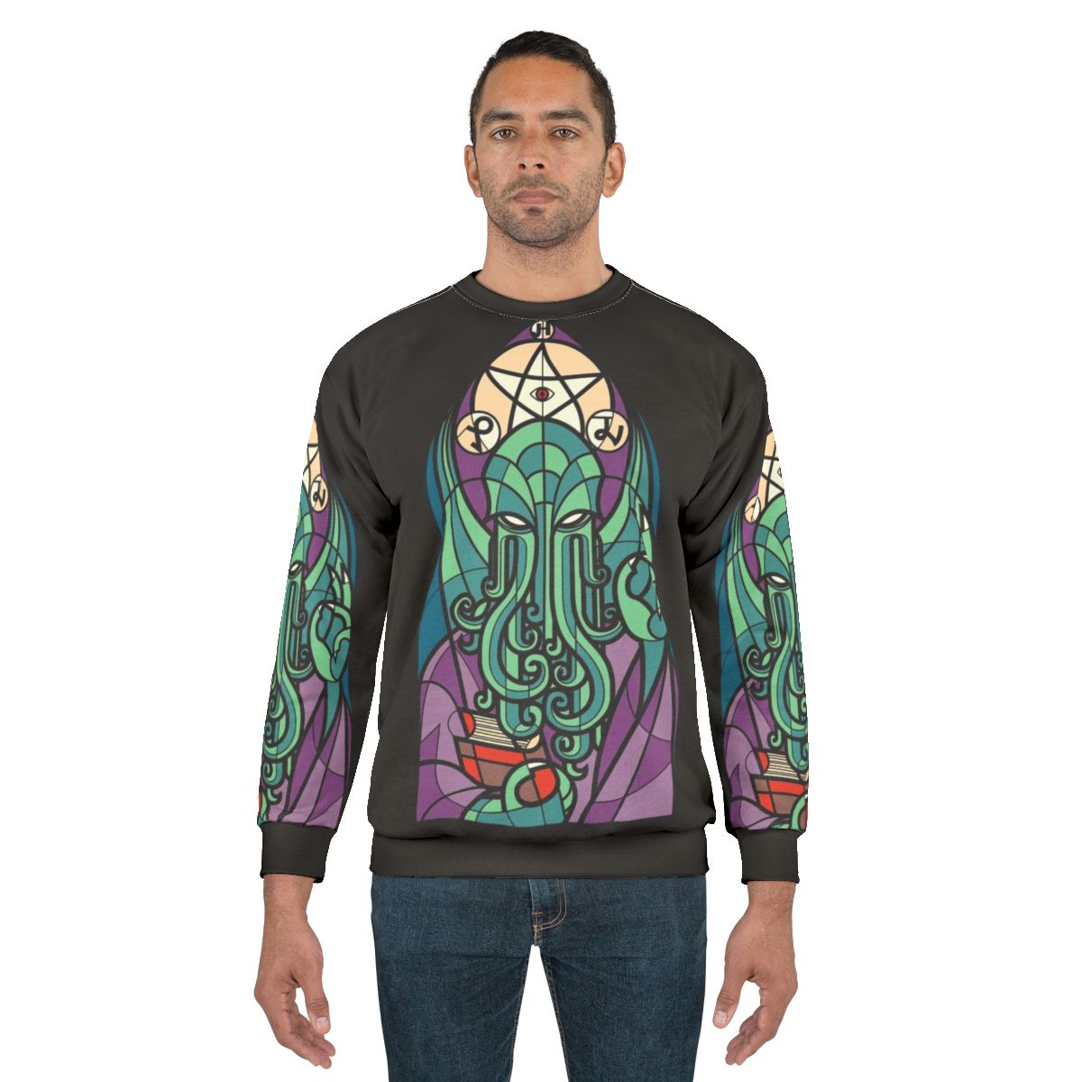 Cthulhu sweatshirt with stained glass cosmic horror design