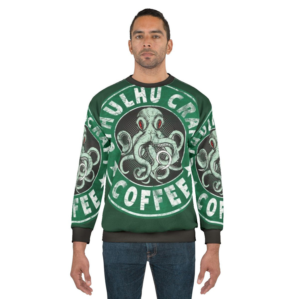 Cthulhu Craft Coffee Sweatshirt featuring a graphic design inspired by HP Lovecraft's The Call of Cthulhu