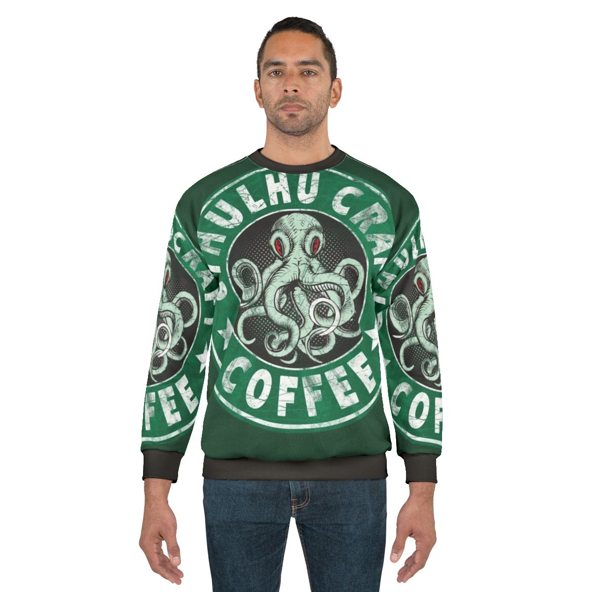 Cthulhu Craft Coffee Sweatshirt featuring a graphic design inspired by HP Lovecraft's The Call of Cthulhu