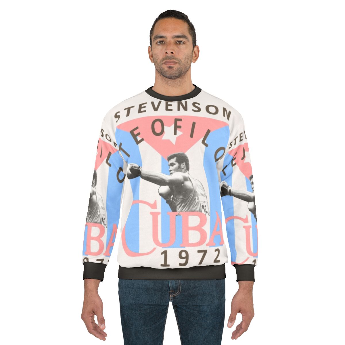 Cuban boxer wearing a sweatshirt with the Cuban flag