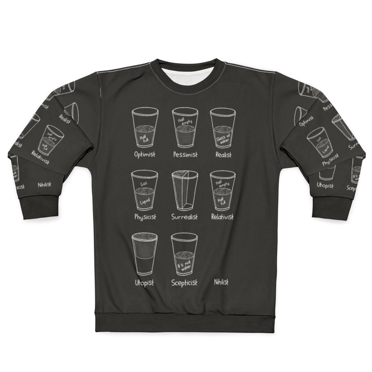 Cup Philosophy Sweatshirt with Optimist Pessimist Realist Design