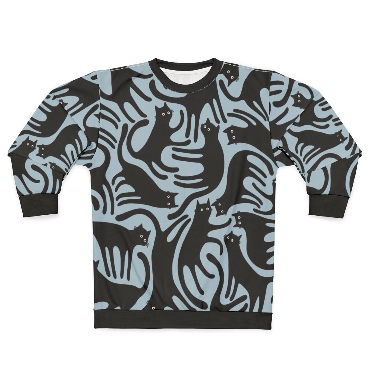 Blue sweatshirt with a modern black cat print design