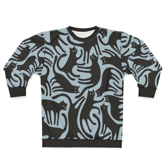 Blue sweatshirt with a modern black cat print design
