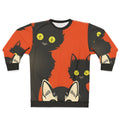 Curious cats wearing Halloween-themed clothing on a sweatshirt