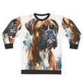 Cute boxer dog wearing a cozy sweatshirt