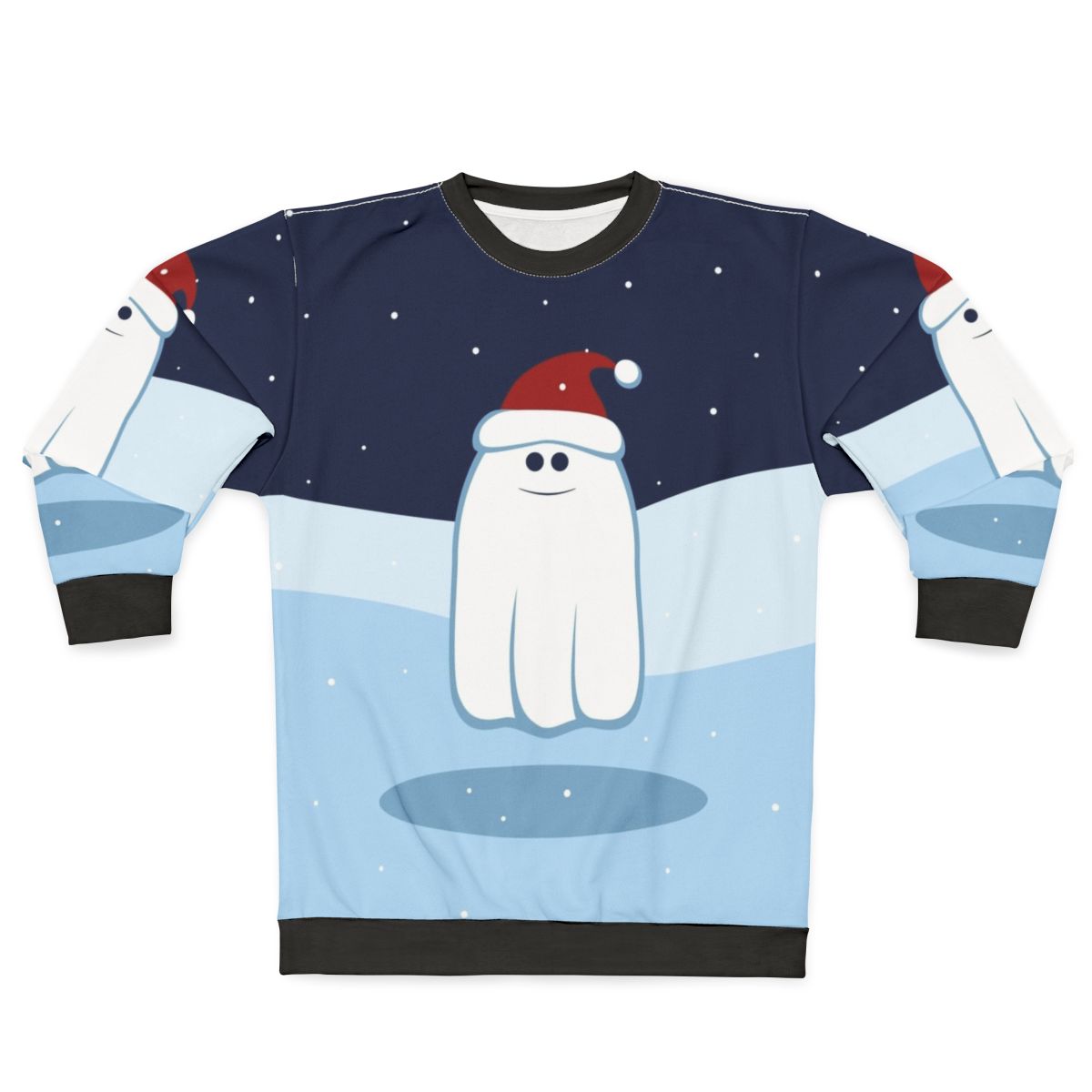 Cute cartoon ghost on a cozy Christmas sweatshirt