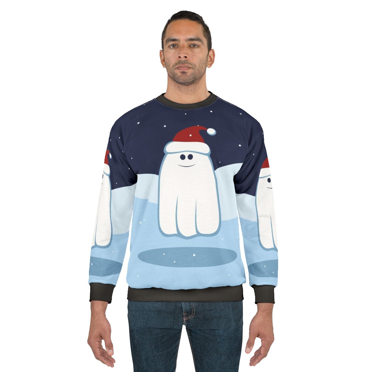 Cute cartoon ghost on a cozy Christmas sweatshirt