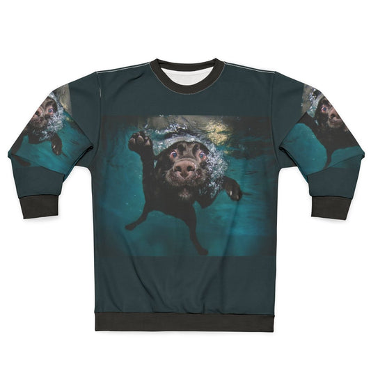 Cute dog wearing a sweatshirt and swimming underwater