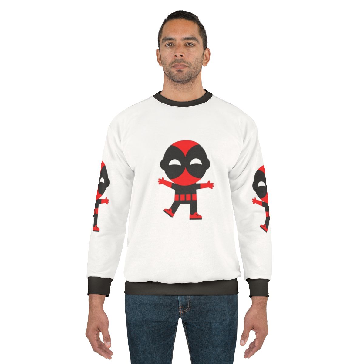 Cute baby wearing a superhero-themed sweatshirt