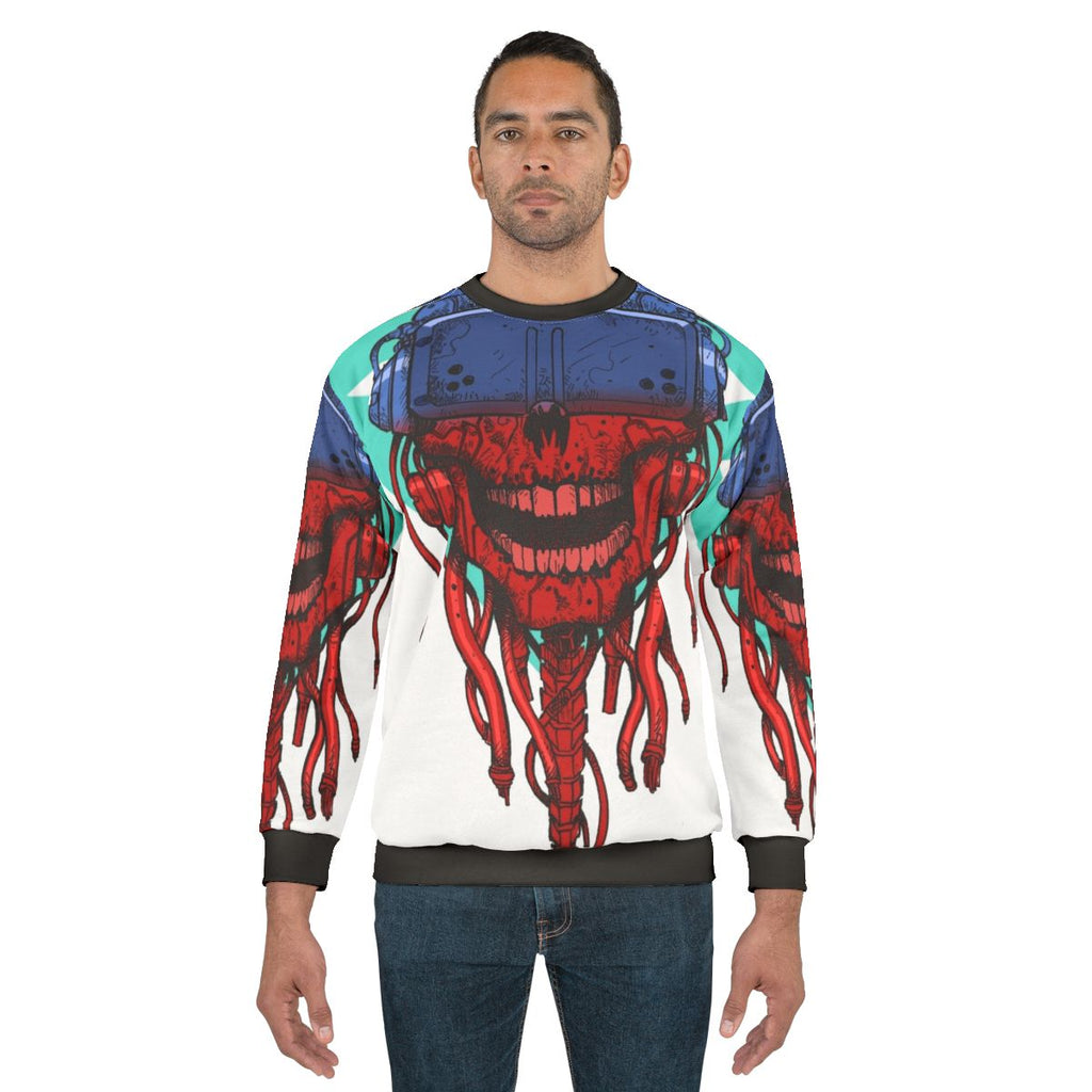 Cyberpunk skull design on a black sweatshirt