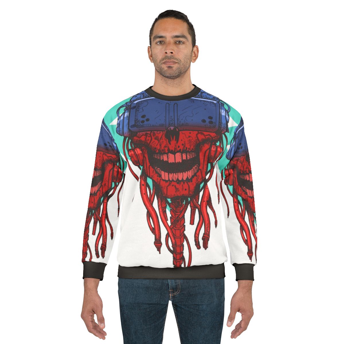 Cyberpunk skull design on a black sweatshirt