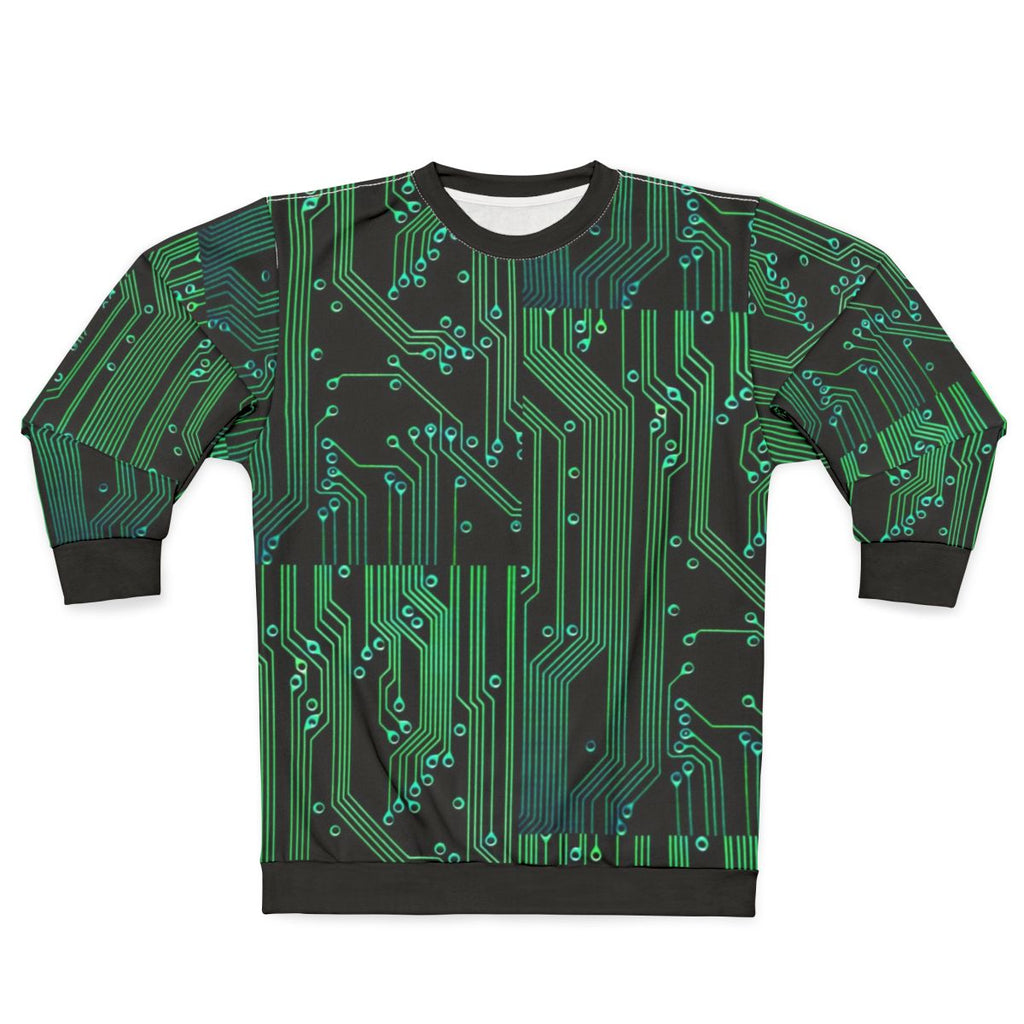Cyberpunk circuit board sweatshirt with futuristic tech design