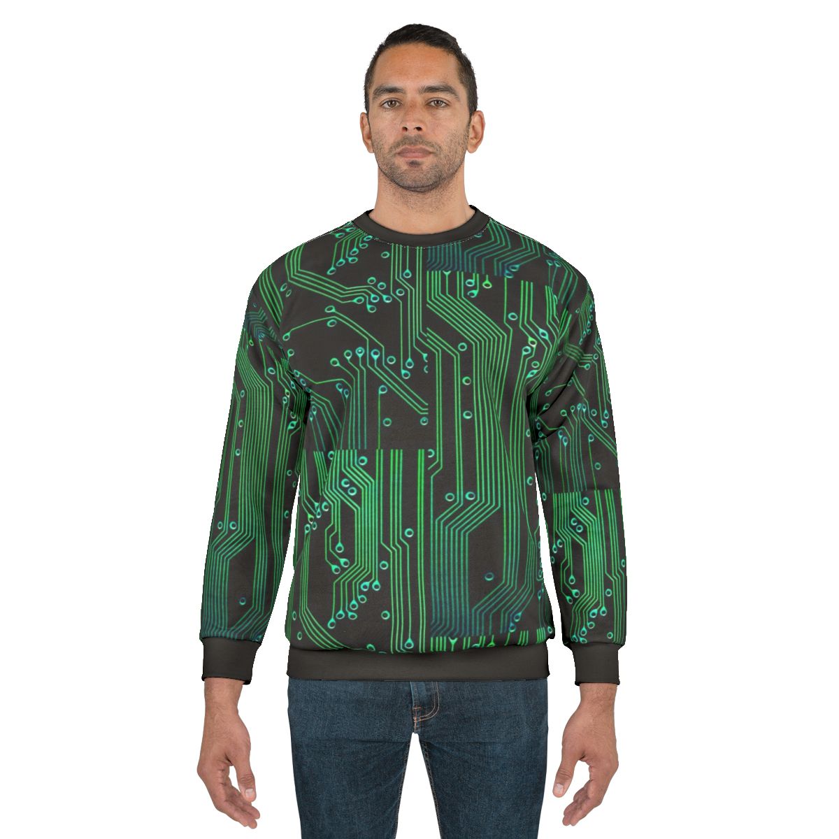 Cyberpunk circuit board sweatshirt with futuristic tech design