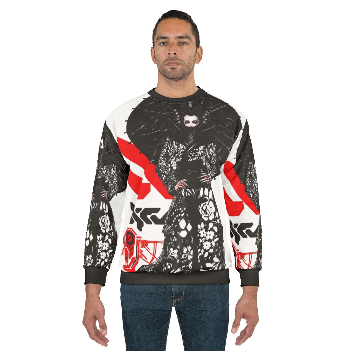 Cyberpunk futuristic sweatshirt with geisha aesthetic design