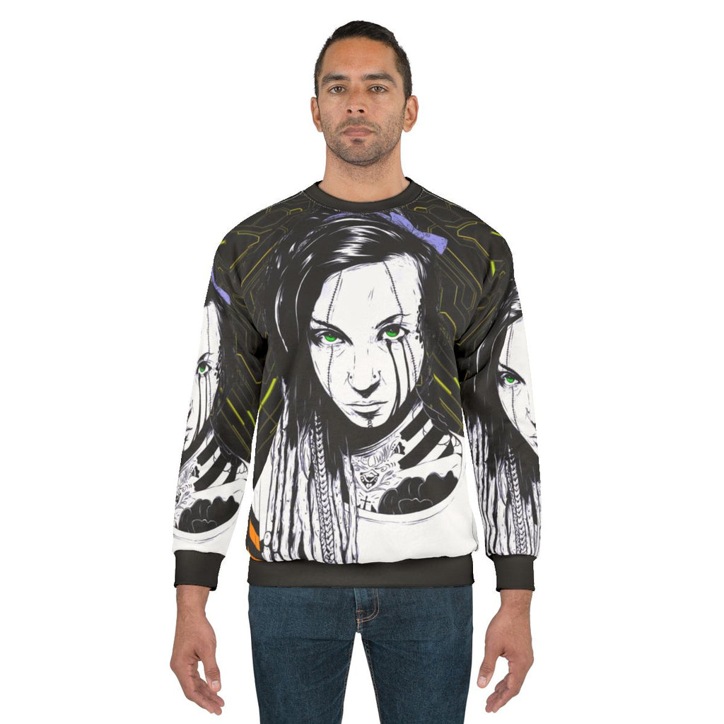 Cyberpunk girl wearing futuristic style sweatshirt
